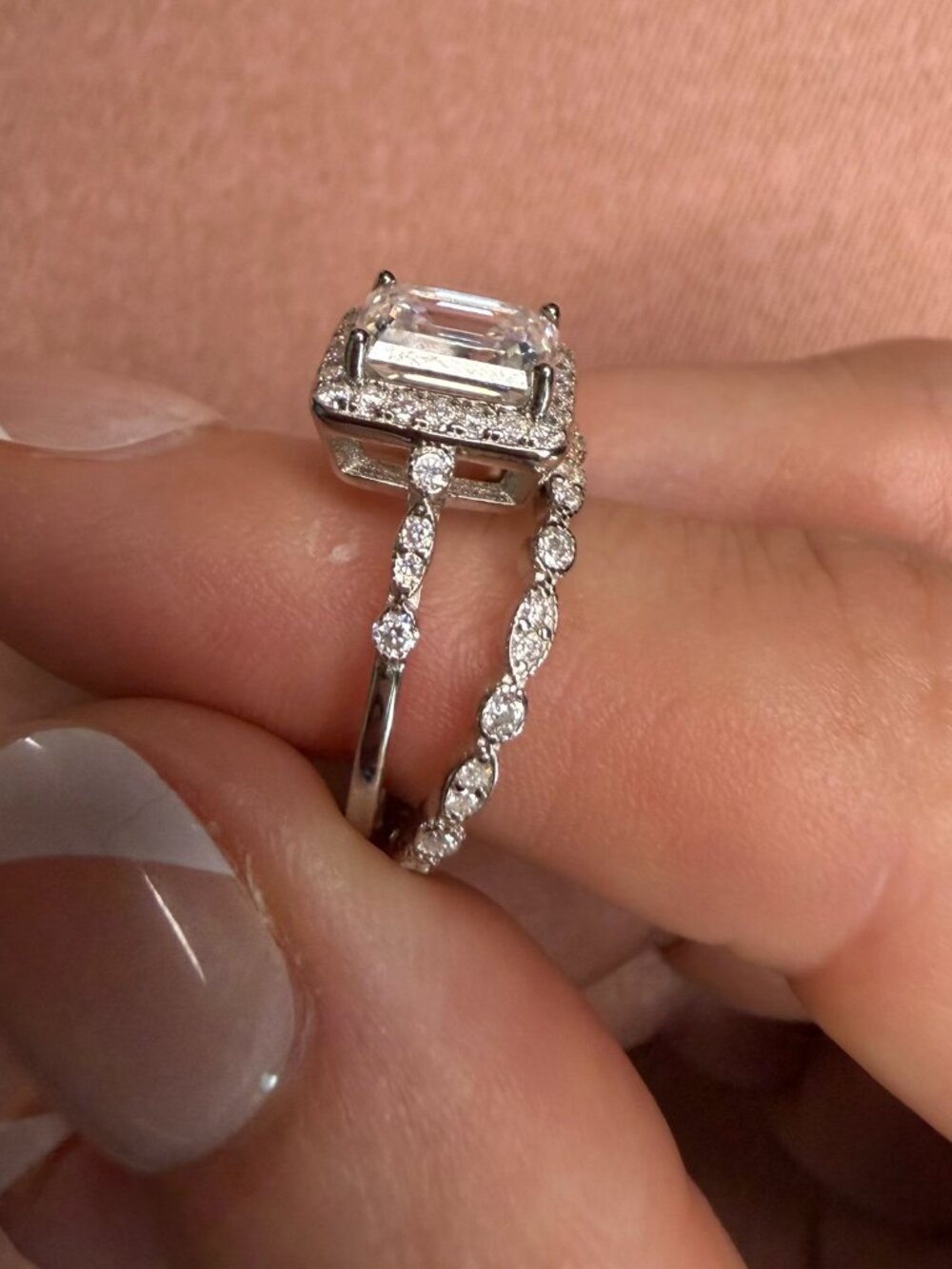 2.74 ct. Emerald-Cut Moissanite Bridal Set โ .925 Sterling Silver - Size 6 - Picture 3 of 9